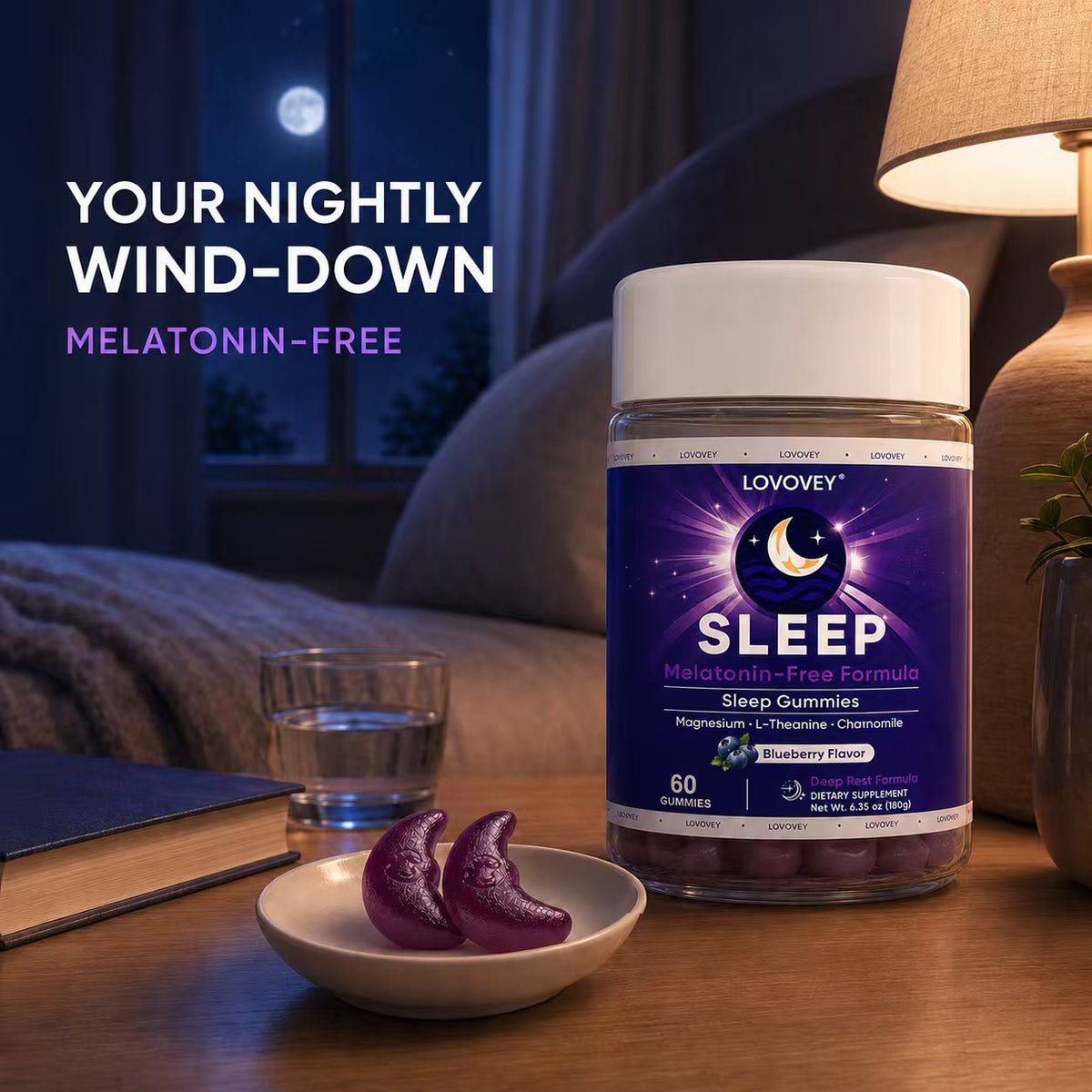 Melatonin-Free Sleep Gummies — Magnesium & L-Theanine | LOVOVEY Blueberry 60 Gummies
