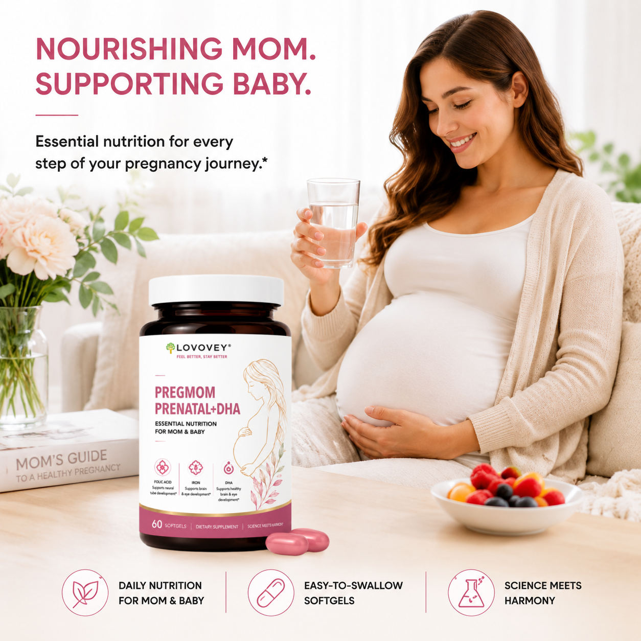 LOVOVEY PregMom Prenatal + DHA | Essential Nutrition for Mom & Baby | 60 Softgels