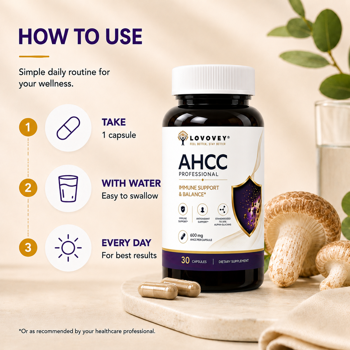 LOVOVEY AHCC Mushroom Extract | Immune Defense & Cellular Wellness | 30 Capsules