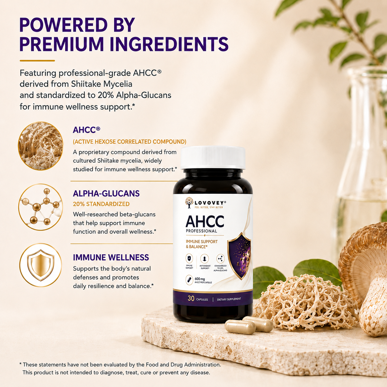 LOVOVEY AHCC Mushroom Extract | Immune Defense & Cellular Wellness | 30 Capsules