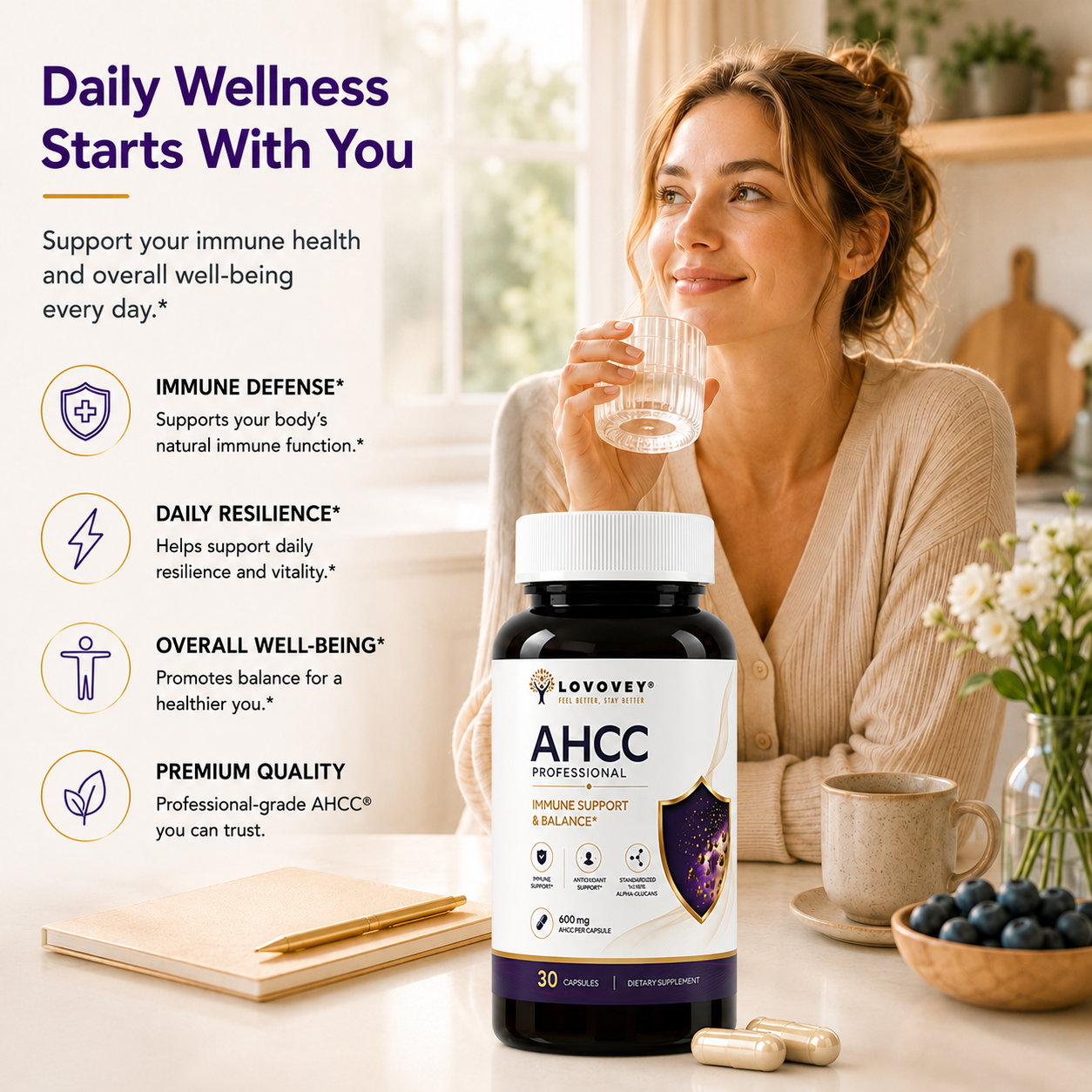 LOVOVEY AHCC Mushroom Extract | Immune Defense & Cellular Wellness | 30 Capsules