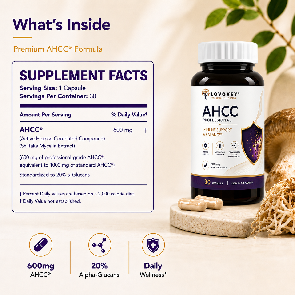 LOVOVEY AHCC Mushroom Extract | Immune Defense & Cellular Wellness | 30 Capsules