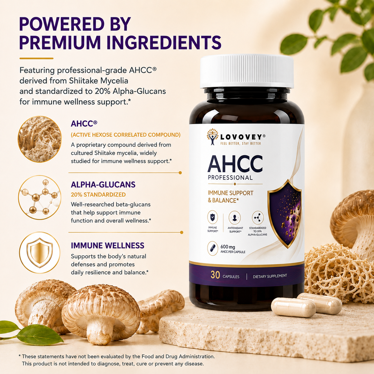 LOVOVEY AHCC Mushroom Extract | Immune Defense & Cellular Wellness | 30 Capsules