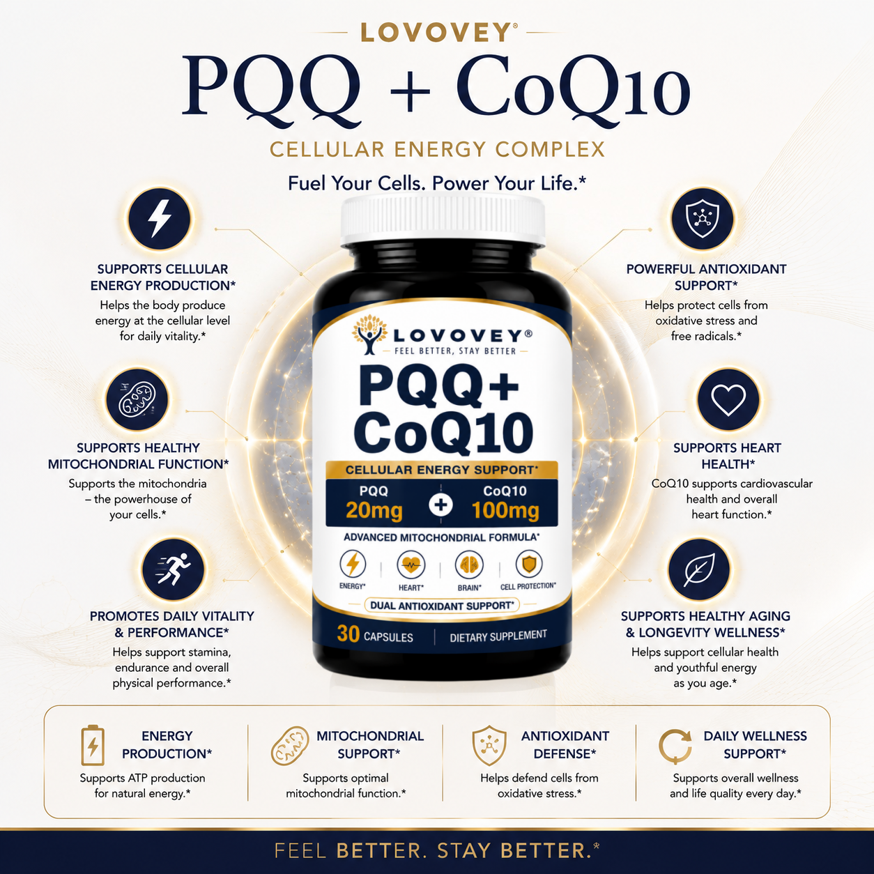 PQQ + CoQ10 Supplement - Cellular Energy & Mitochondrial Support - LOVOVEY 30 Capsules