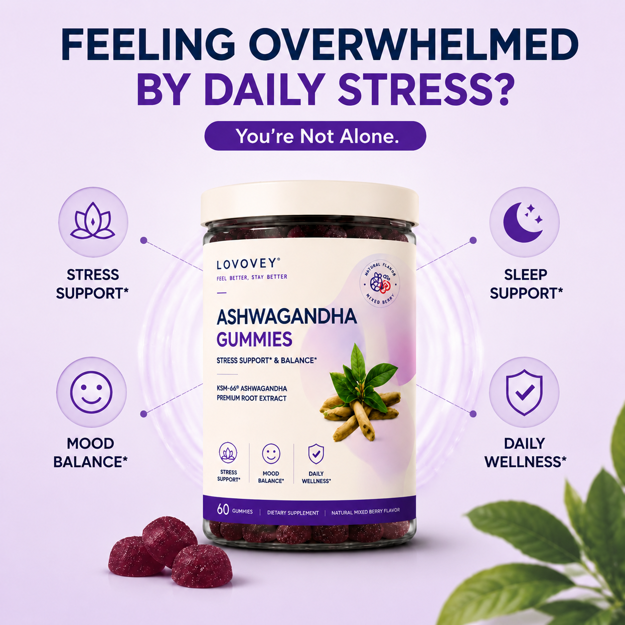 LOVOVEY Ashwagandha Gummies for Stress Relief & Mood Support | Calm, Relax & Balance | 60 Gummies