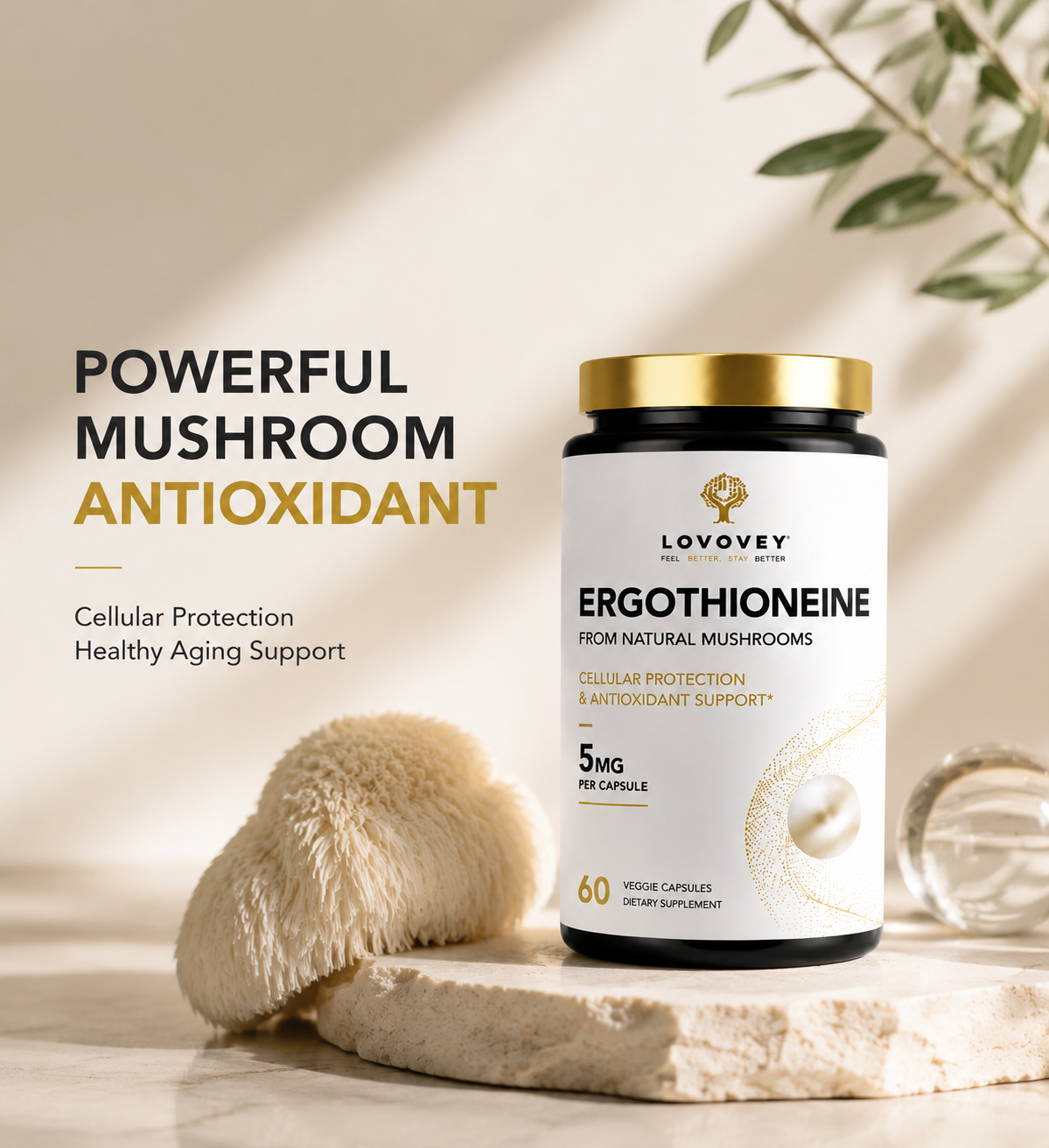 LOVOVEY Ergothioneine 5mg Mushroom Antioxidant Supplement | Cellular Protection & Healthy Aging | 60 Capsules
