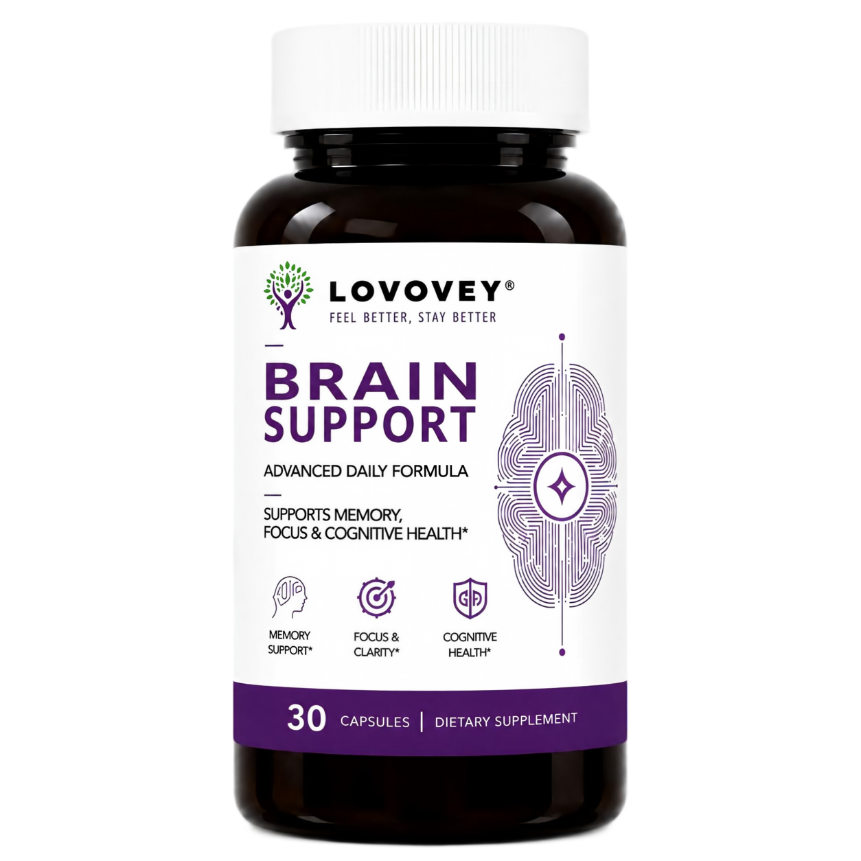 Brain Support Supplement - Memory, Focus & Cognitive Wellness - LOVOVEY 30 Capsules