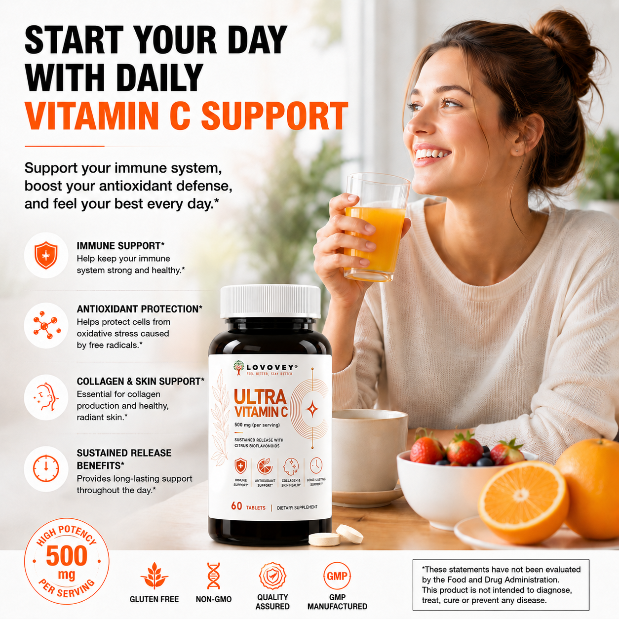 LOVOVEY Vitamin C 500mg Sustained Release | Immune & Antioxidant Support | 60 Tablets