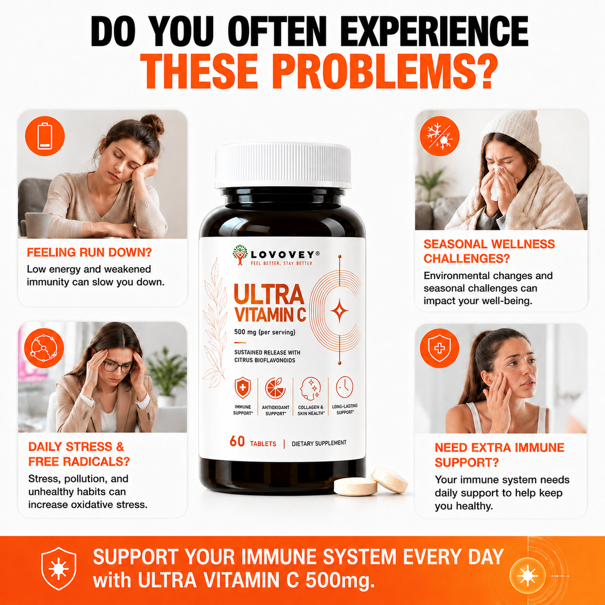 LOVOVEY Vitamin C 500mg Sustained Release | Immune & Antioxidant Support | 60 Tablets