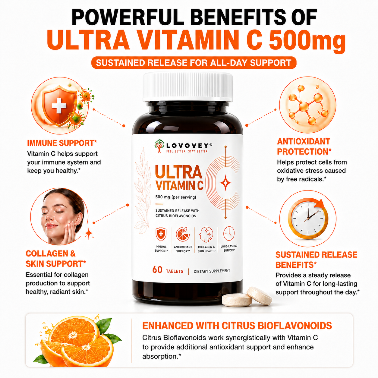LOVOVEY Vitamin C 500mg Sustained Release | Immune & Antioxidant Support | 60 Tablets