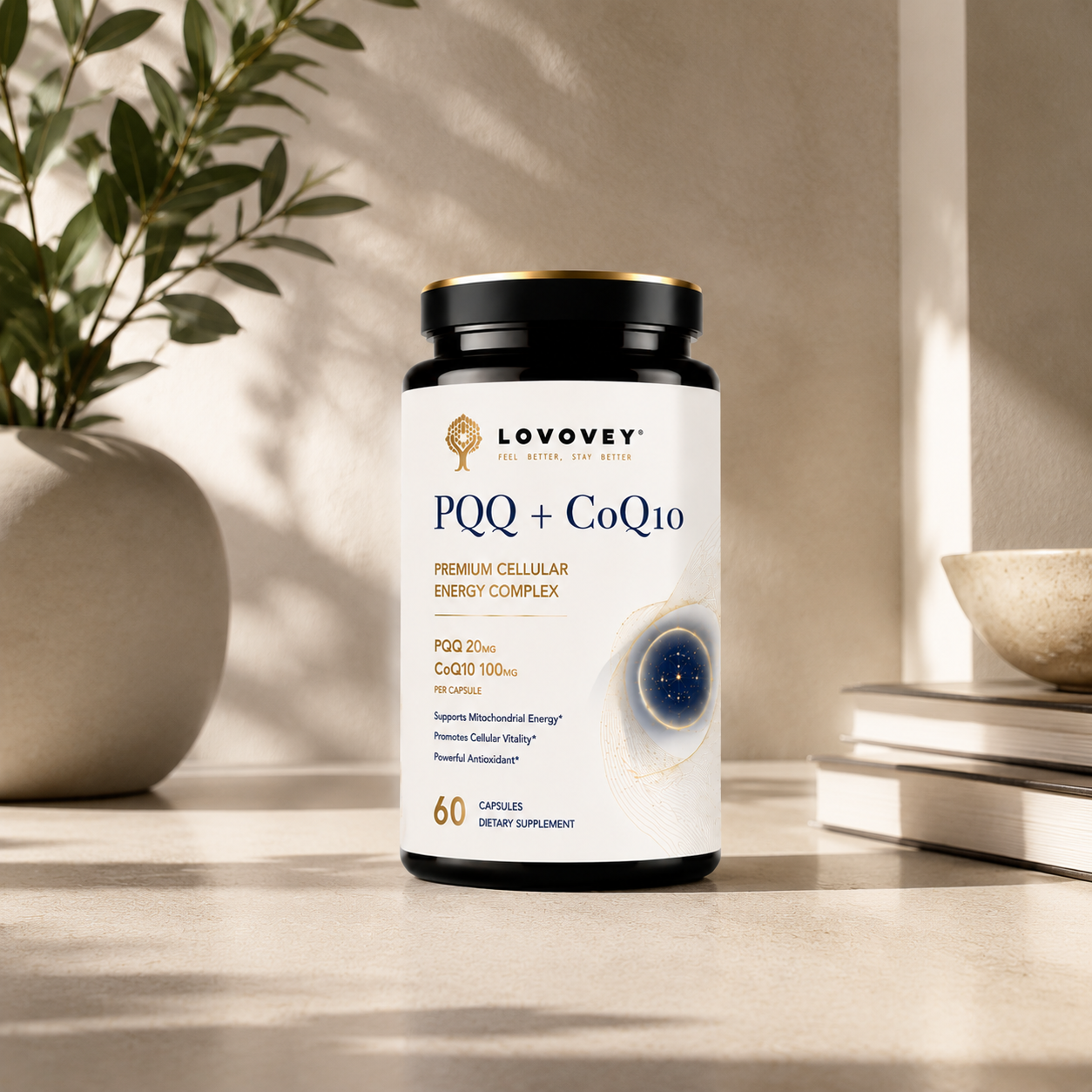 LOVOVEY PQQ + CoQ10 Supplement 200mg | Cellular Energy & Mitochondrial Support Complex | 60 Capsules