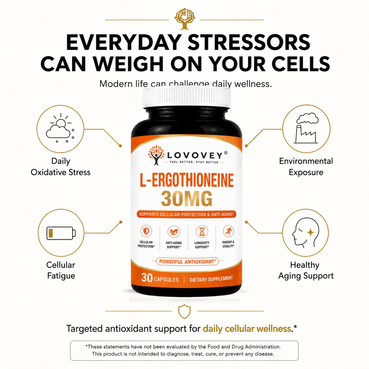 LOVOVEY Ergothioneine 30mg | Cellular Protection & Healthy Aging | 30 Capsules