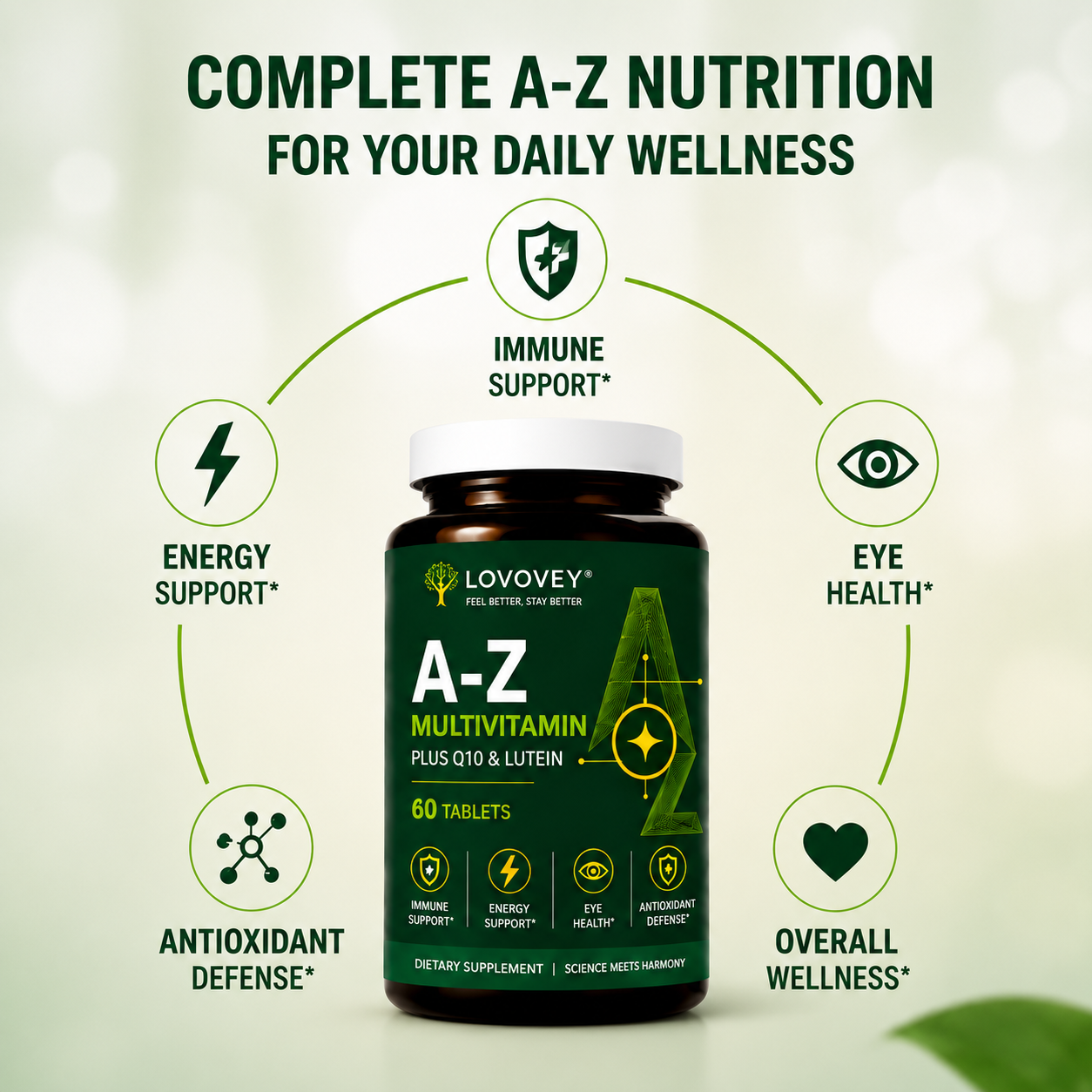 LOVOVEY A-Z Multivitamin with CoQ10 & Lutein | 60 Tablets