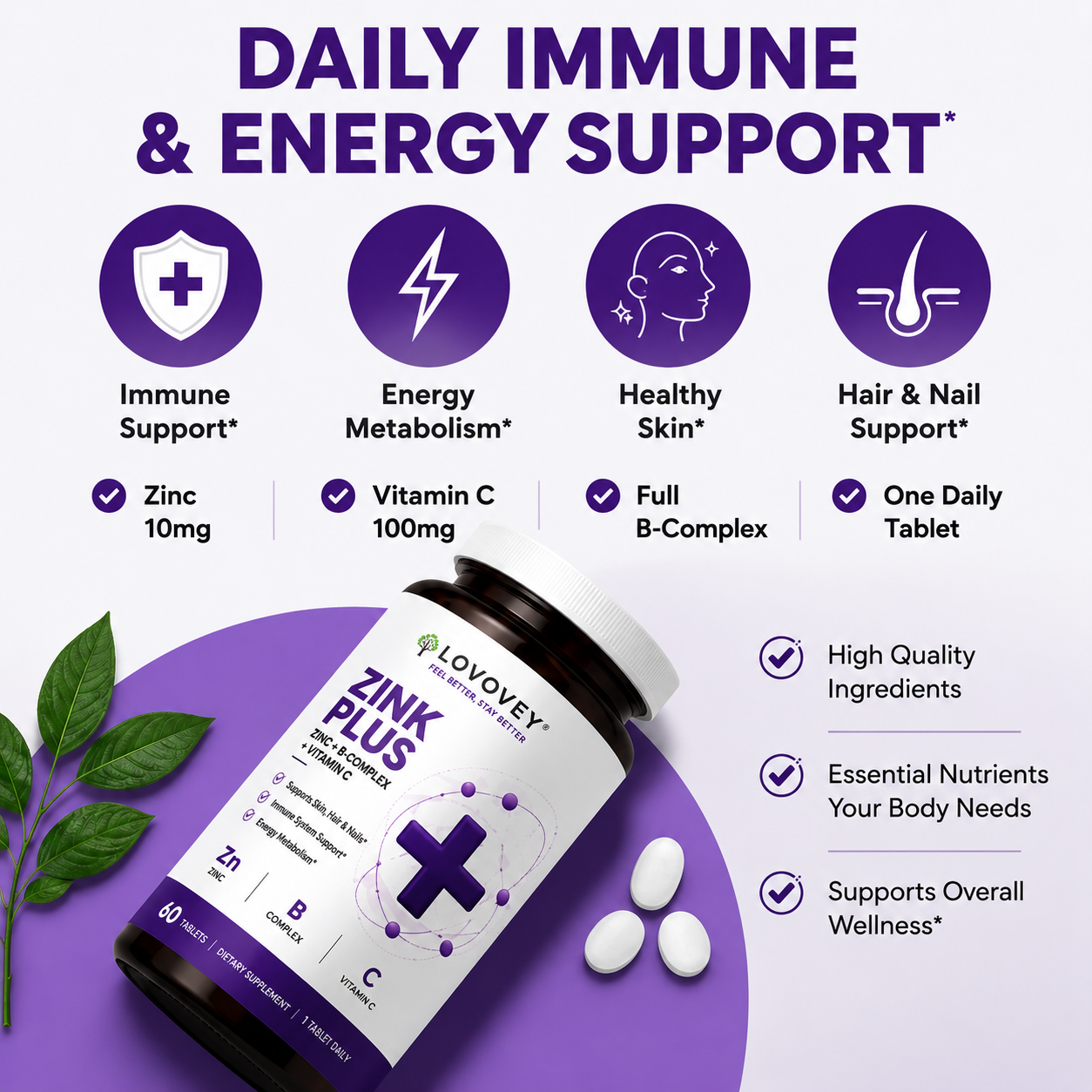 LOVOVEY Zink Plus | Zinc, B-Complex & Vitamin C | Immune Support | 60 Tablets