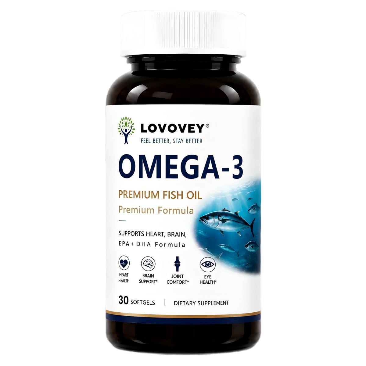 LOVOVEY Omega-3 Fish Oil EPA & DHA | Heart & Brain Support | 30 Softgels