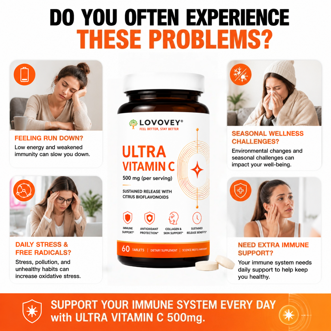 LOVOVEY Ultra Vitamin C 500mg | Sustained Release with Citrus Bioflavonoids | Immune & Antioxidant Support | 60 Tablets
