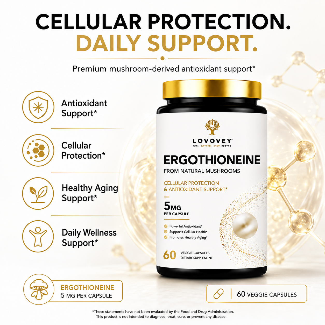 LOVOVEY Ergothioneine 5mg Mushroom Antioxidant Supplement | Cellular Protection & Healthy Aging | 60 Capsules