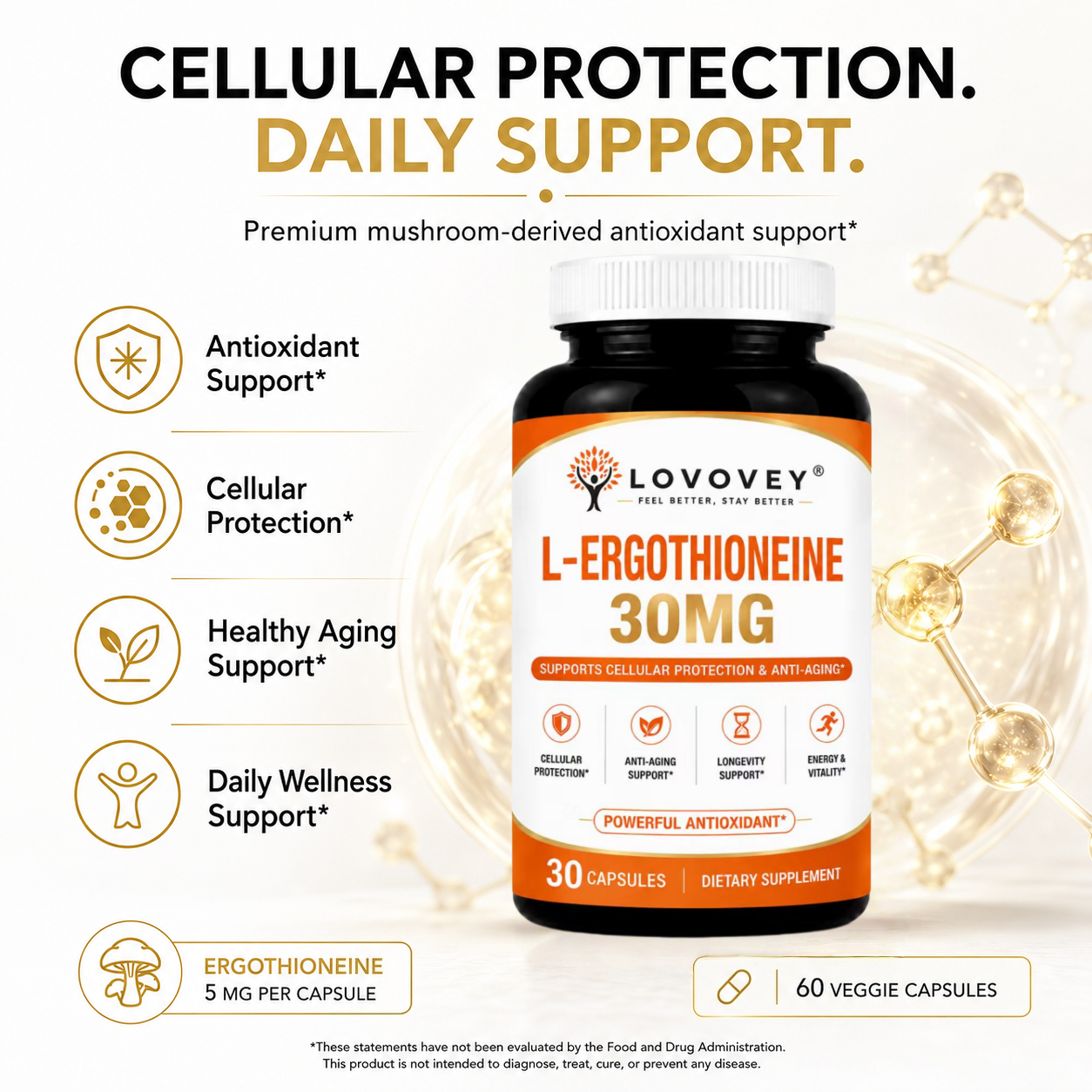 LOVOVEY Ergothioneine 30mg | Cellular Protection & Healthy Aging | 30 Capsules