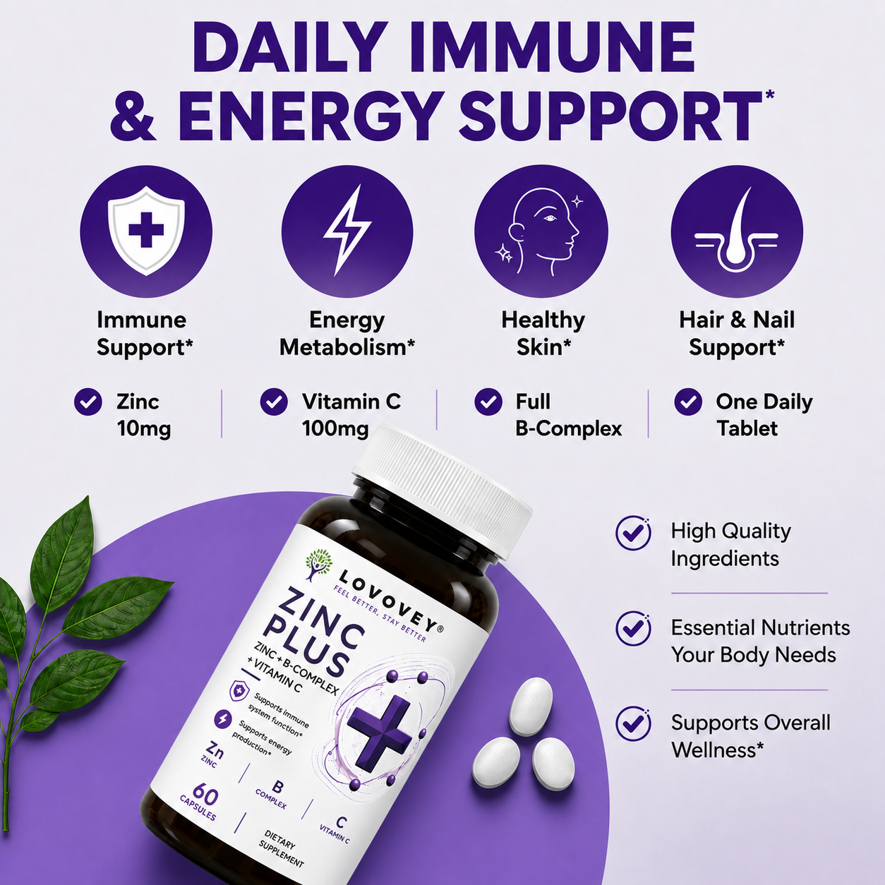 LOVOVEY Zinc Plus B-Complex & Vitamin C | Immune & Energy Support | 60 Tablets