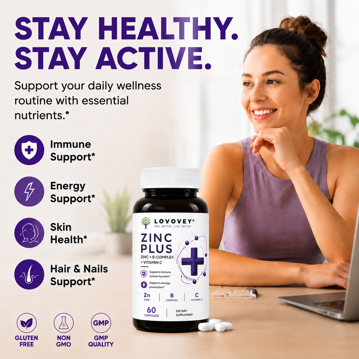LOVOVEY Zinc Plus B-Complex & Vitamin C | Immune & Energy Support | 60 Tablets