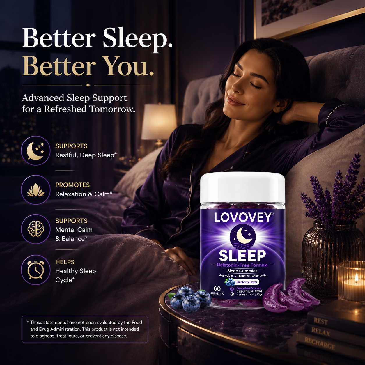 LOVOVEY Sleep Gummies – Melatonin-Free Sleep Support with Magnesium, L-Theanine & Botanicals | Blueberry Flavor | 60 Gummies