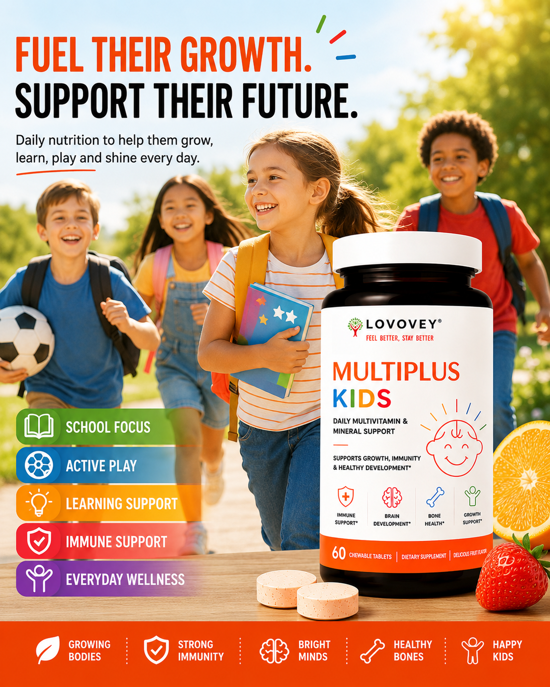 LOVOVEY Kids Daily Multivitamin & Mineral Support | 60 Tablets