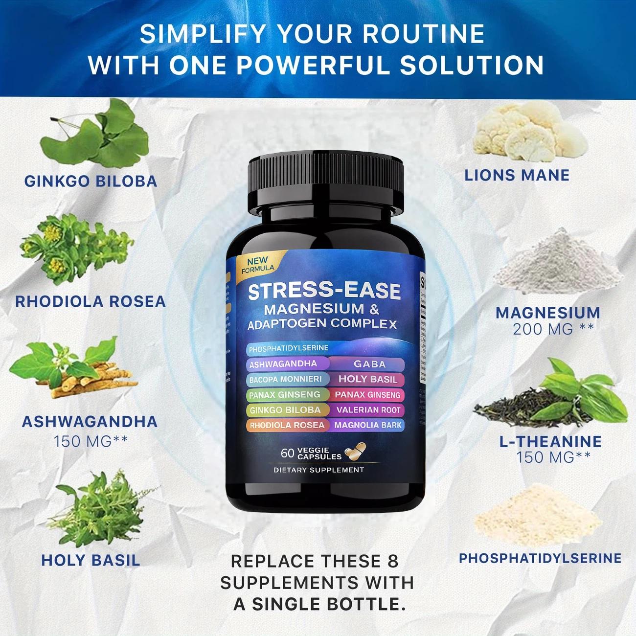 Stress-Ease Magnesium & Adaptogen Complex – Relaxation, Focus & Stress Support – 60 Veggie Capsules