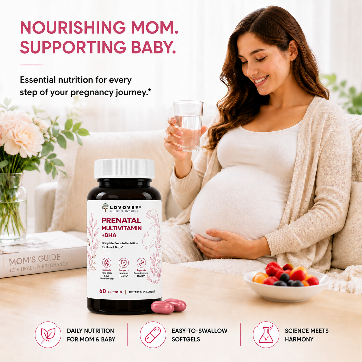 LOVOVEY Prenatal DHA & Folate | Mom & Baby Essential Nutrition | 60 Softgels