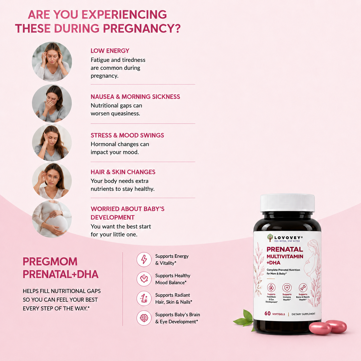 LOVOVEY Prenatal DHA & Folate | Mom & Baby Essential Nutrition | 60 Softgels