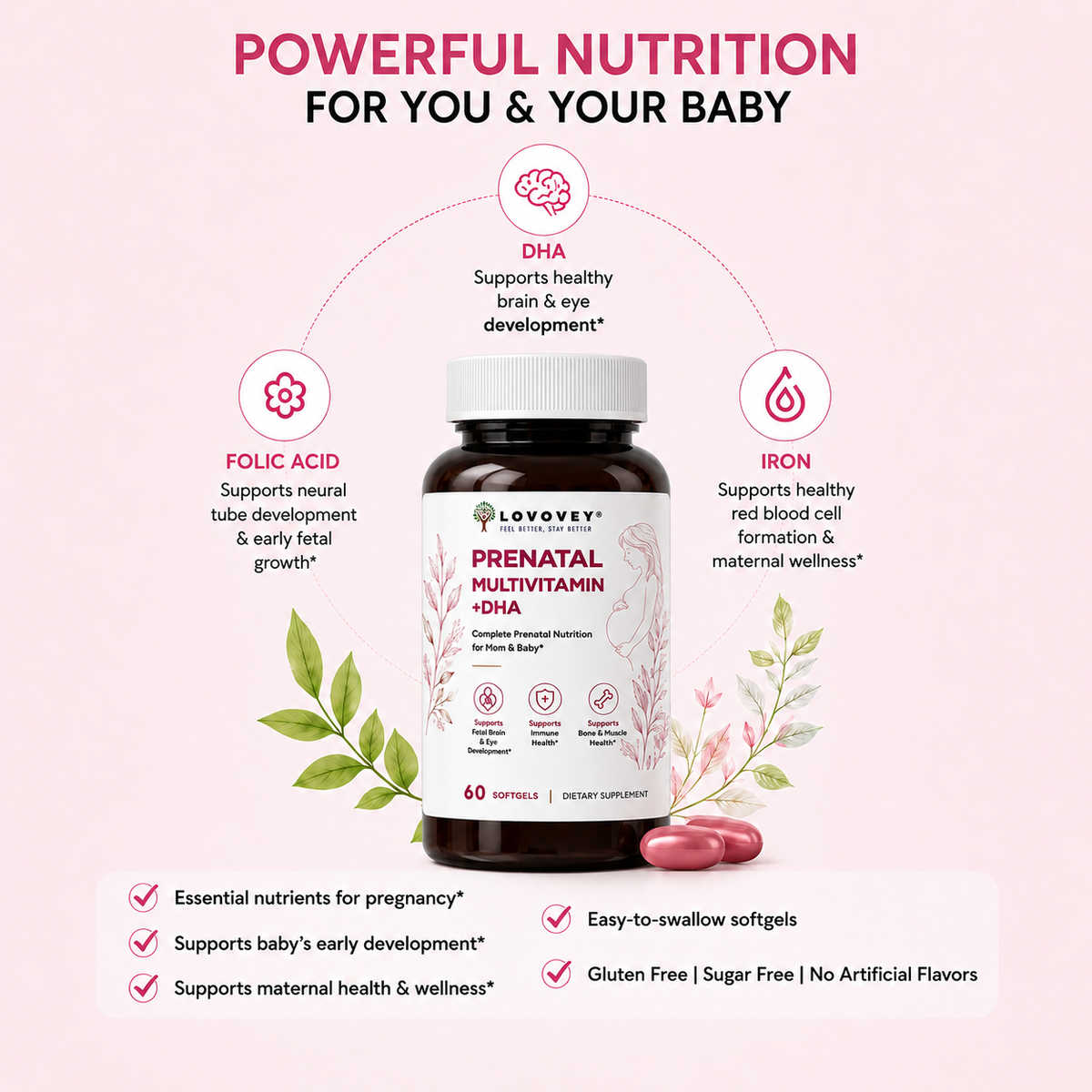 LOVOVEY Prenatal DHA & Folate | Mom & Baby Essential Nutrition | 60 Softgels