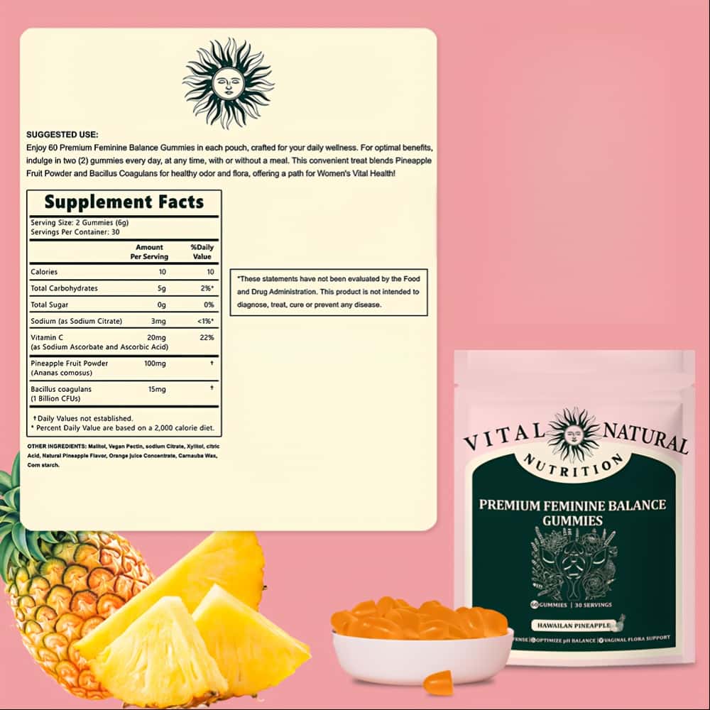 Premium Feminine Balance Gummies – Hawaiian Pineapple, 60 Gummies, pH Balance & Vaginal Health Support