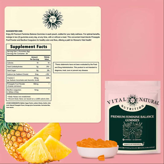 Premium Feminine Balance Gummies – Hawaiian Pineapple, 60 Gummies, pH Balance & Vaginal Health Support