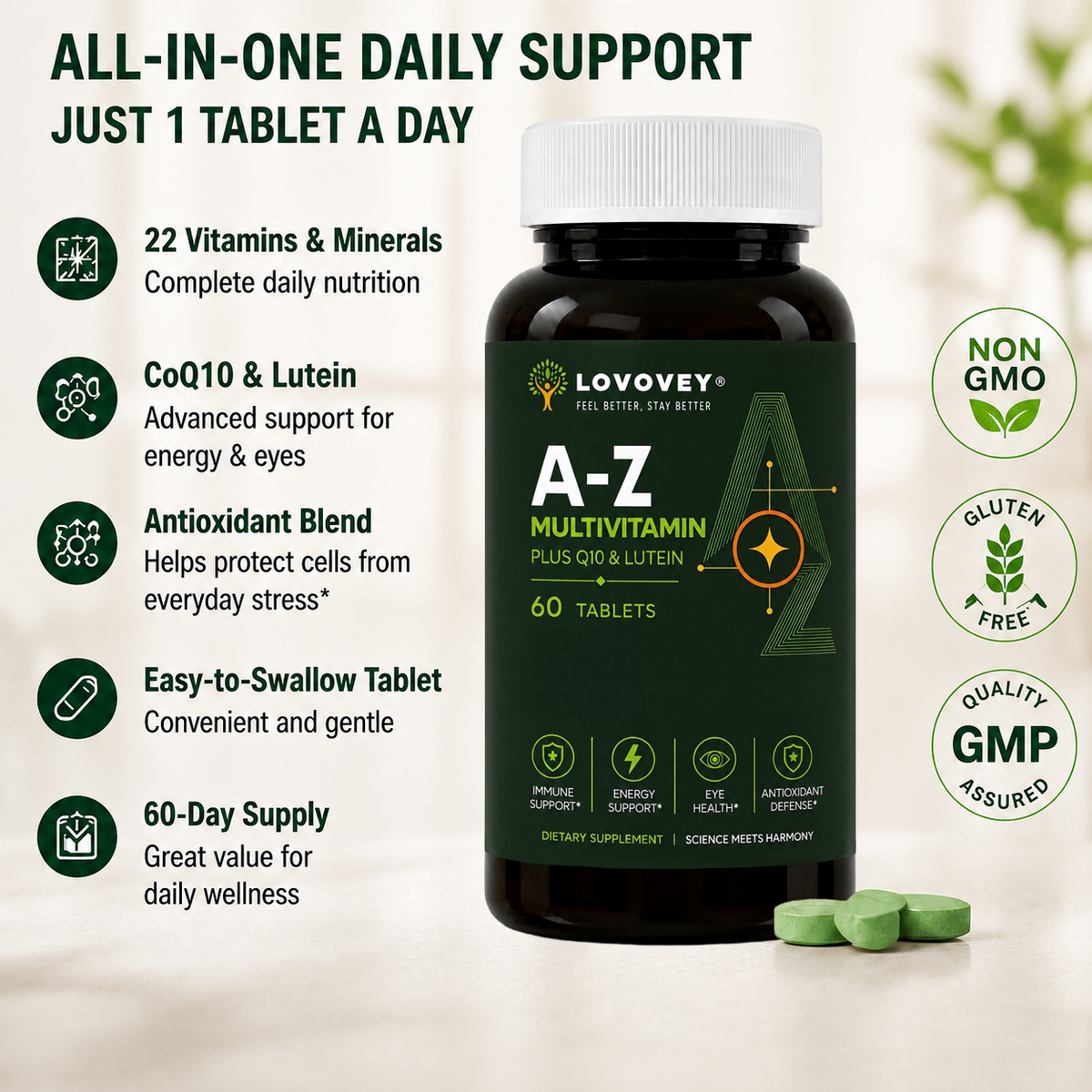 LOVOVEY A-Z Multivitamin CoQ10 & Lutein | Complete Daily Wellness | 60 Tablets