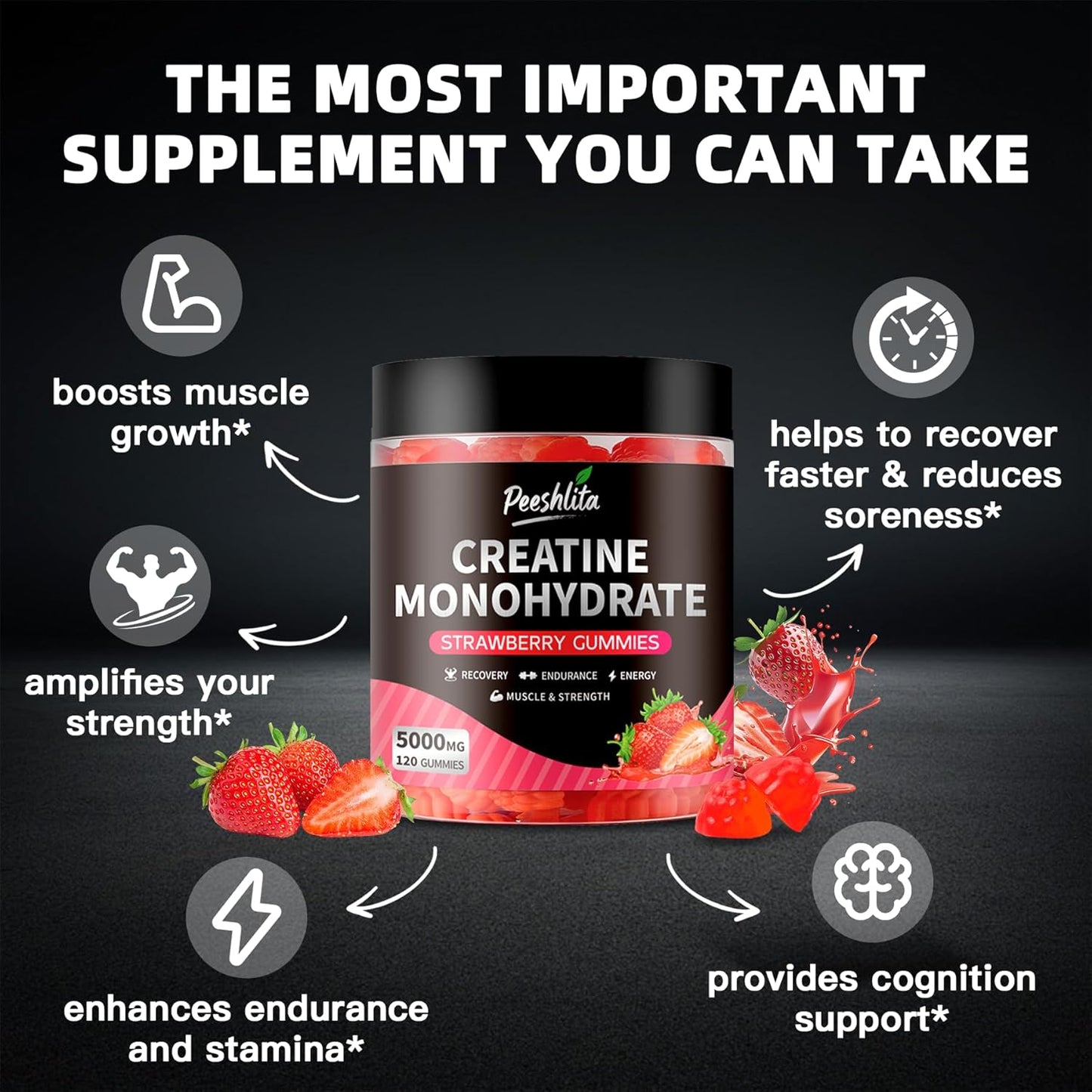 LOVOVEY Creatine Monohydrate Gummies | 5000mg, 120 Count, Muscle Strength, Energy & Recovery Support, Strawberry Flavor