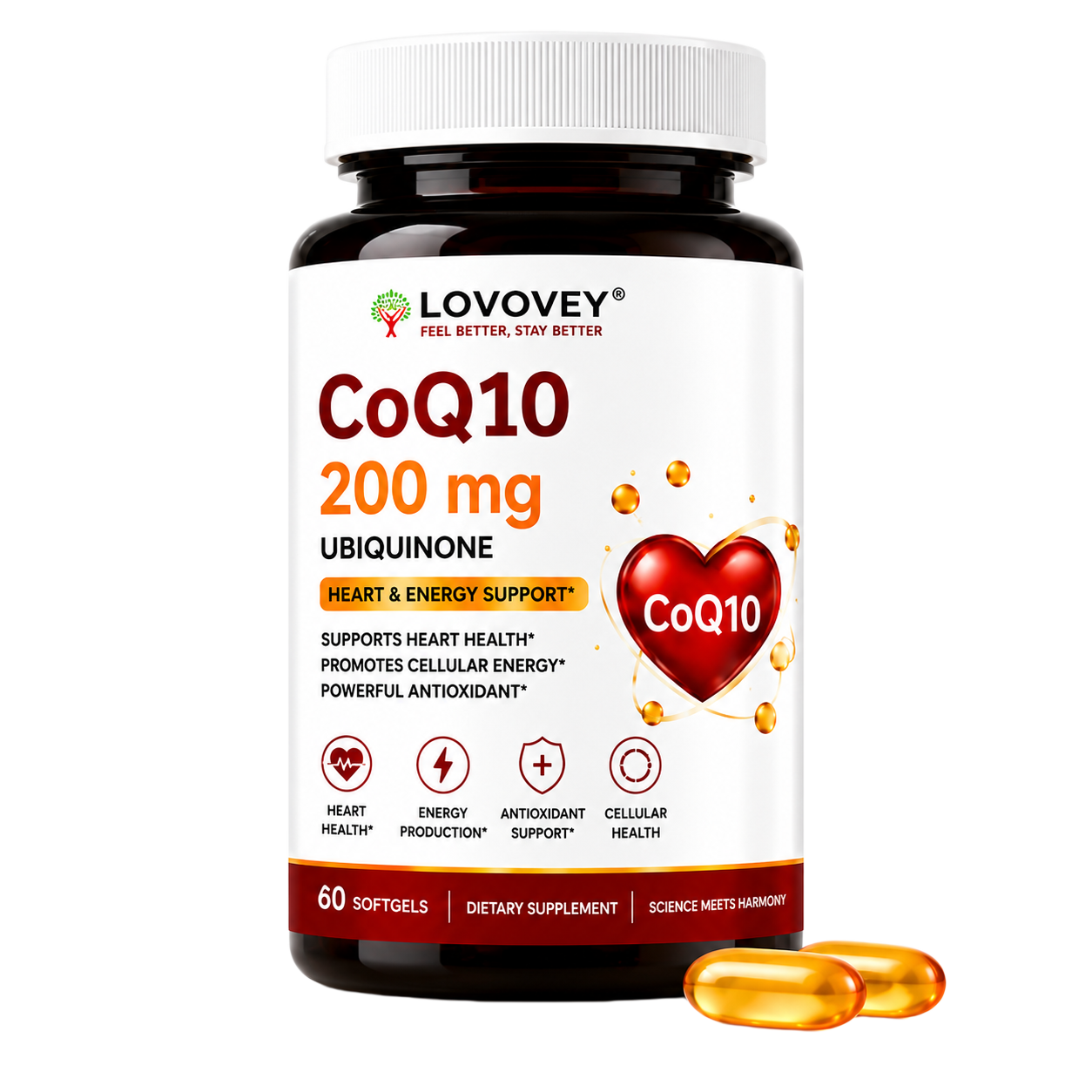 LOVOVEY CoQ10 200mg Ubiquinone | Heart & Energy Support | 60 Softgels