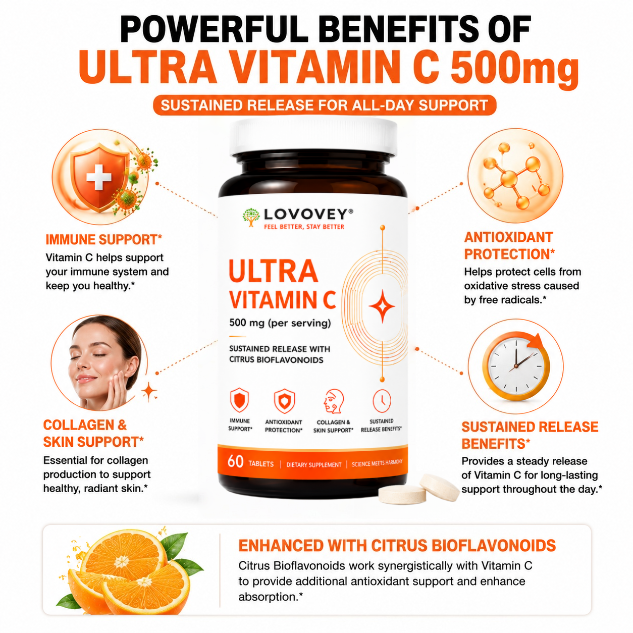 LOVOVEY Ultra Vitamin C 500mg | Sustained Release with Citrus Bioflavonoids | Immune & Antioxidant Support | 60 Tablets