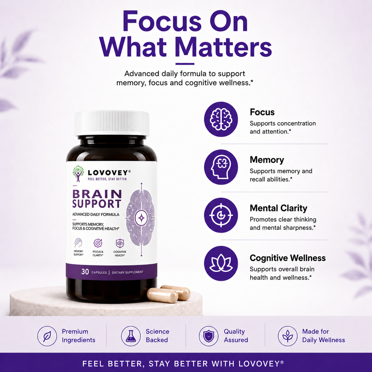 LOVOVEY Brain Support Bacopa & Lion's Mane | Memory Focus & Cognitive Wellness | 30 Capsules