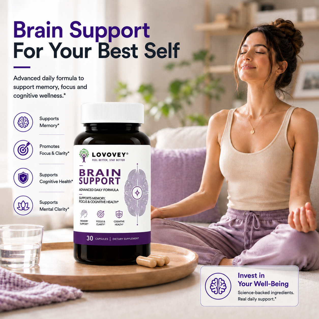 LOVOVEY Brain Support Bacopa & Lion's Mane | Memory Focus & Cognitive Wellness | 30 Capsules
