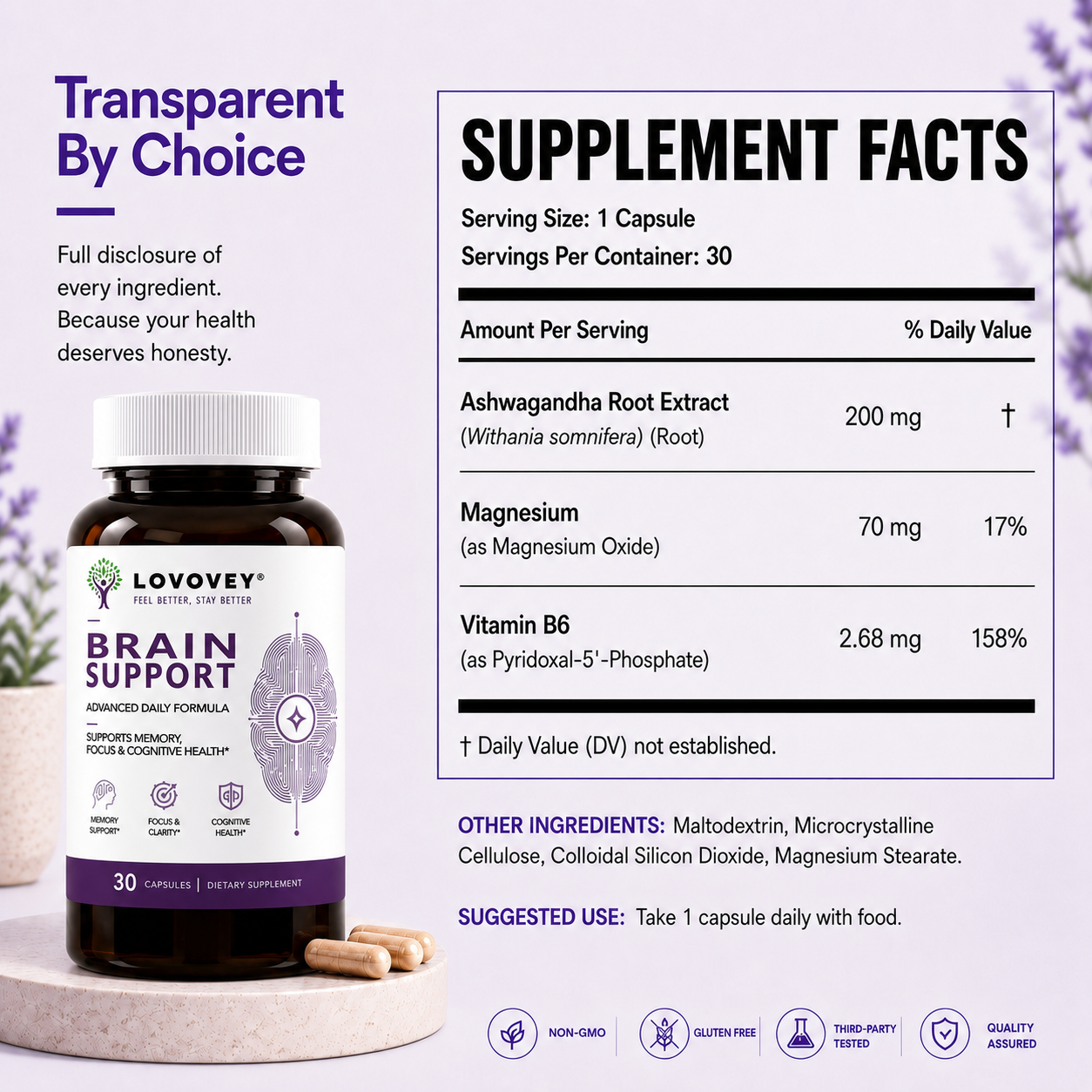 LOVOVEY Brain Support Bacopa & Lion's Mane | Memory Focus & Cognitive Wellness | 30 Capsules
