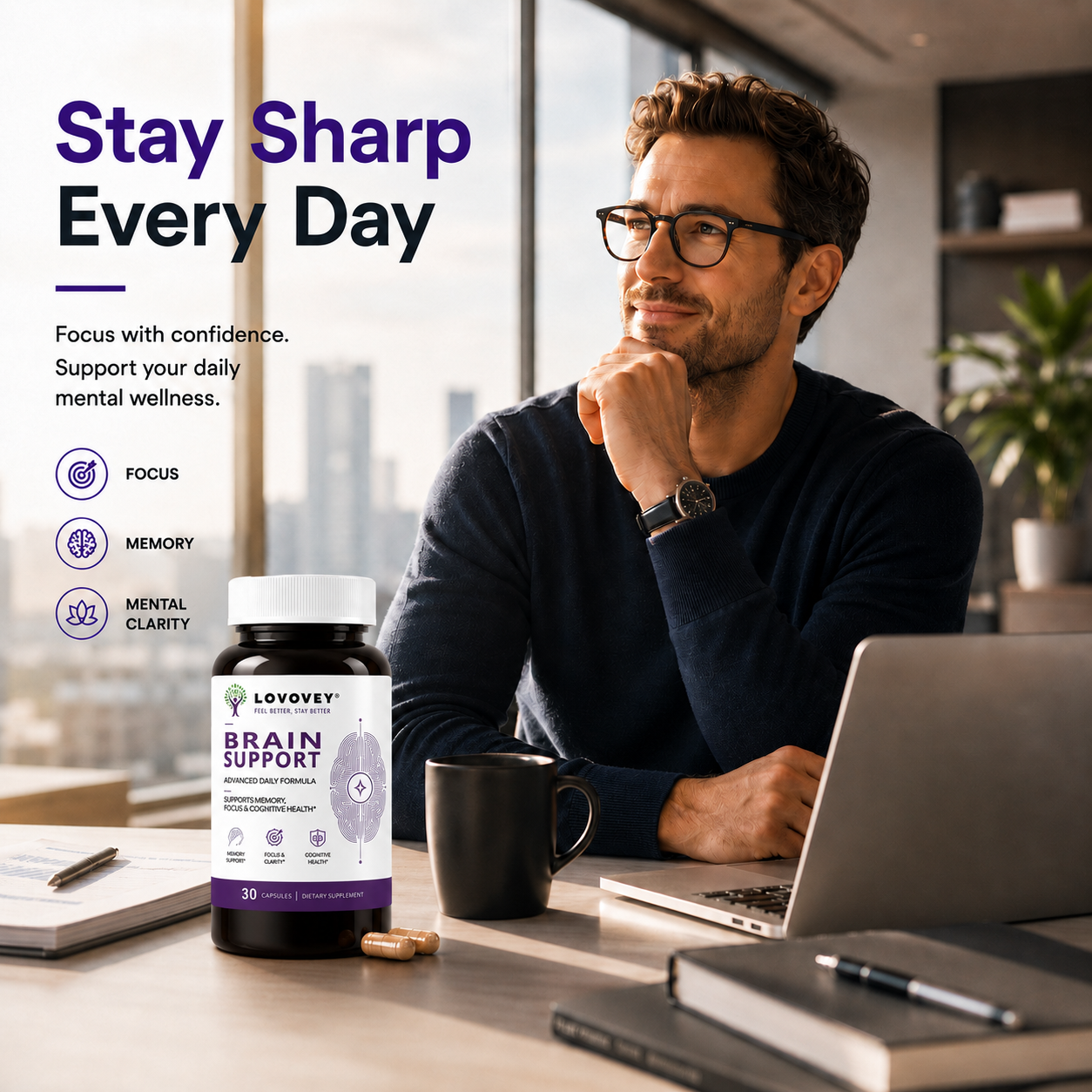 LOVOVEY Brain Support Bacopa & Lion's Mane | Memory Focus & Cognitive Wellness | 30 Capsules