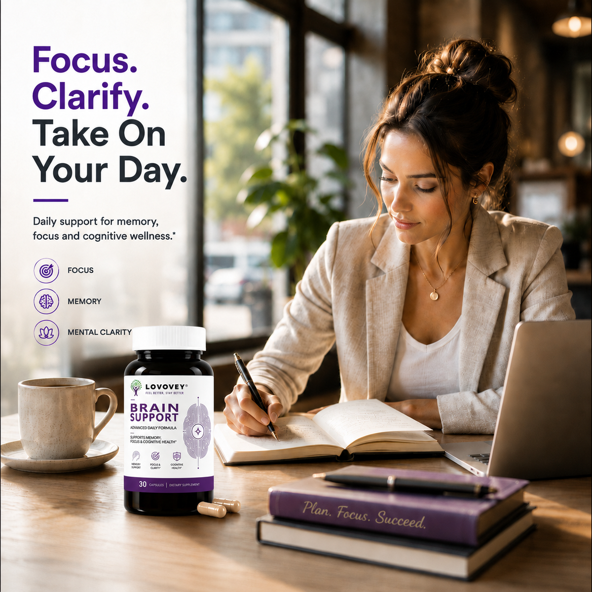 LOVOVEY Brain Support Bacopa & Lion's Mane | Memory Focus & Cognitive Wellness | 30 Capsules