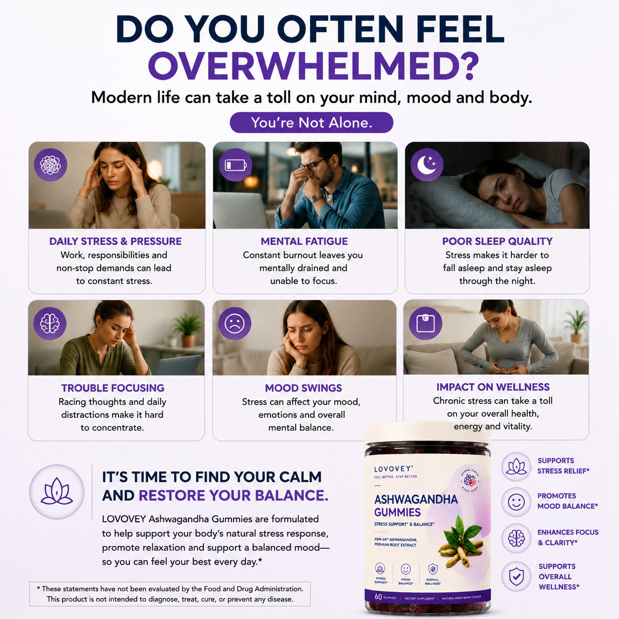 LOVOVEY Ashwagandha Gummies for Stress Relief & Mood Support | Calm, Relax & Balance | 60 Gummies