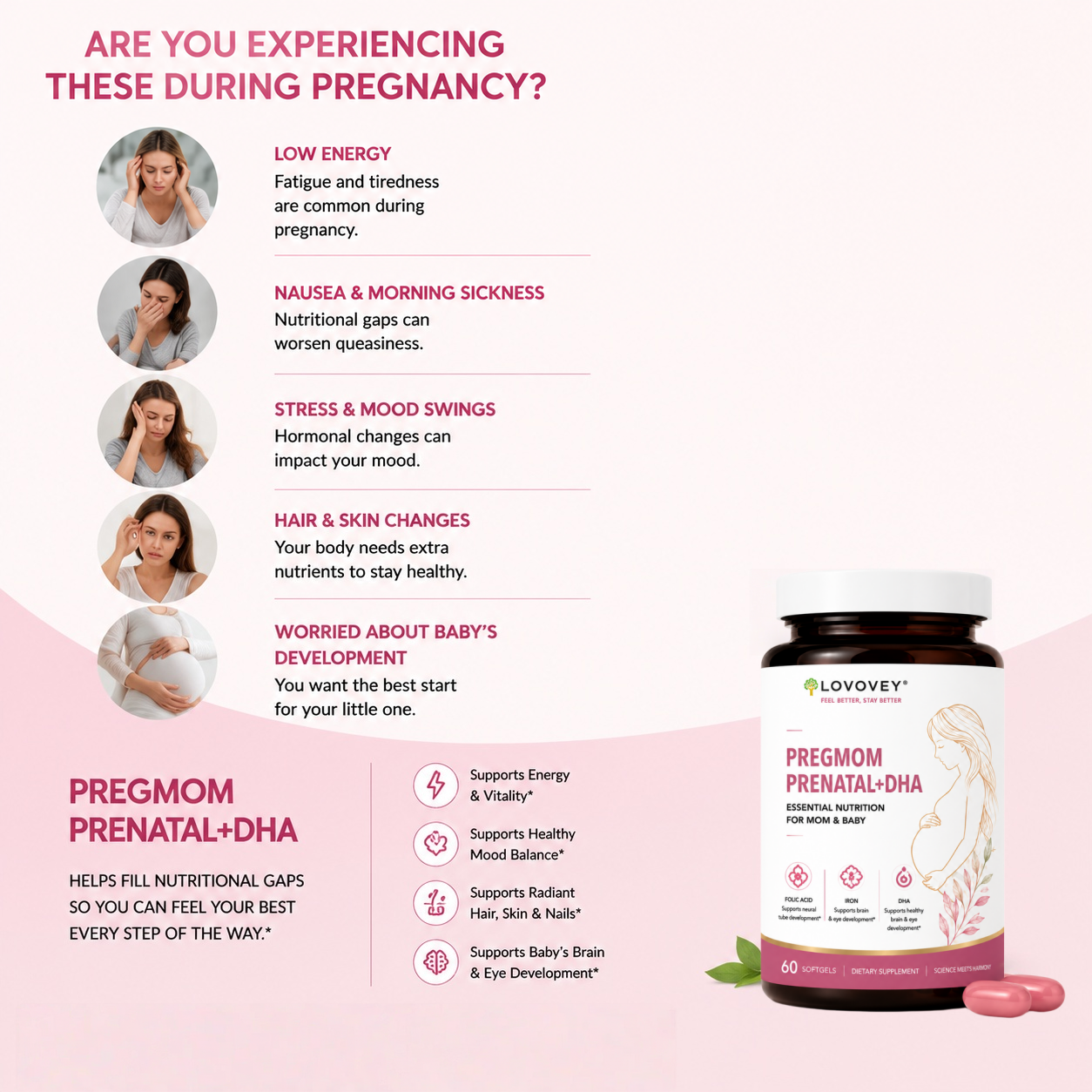 LOVOVEY PregMom Prenatal + DHA | Essential Nutrition for Mom & Baby | 60 Softgels