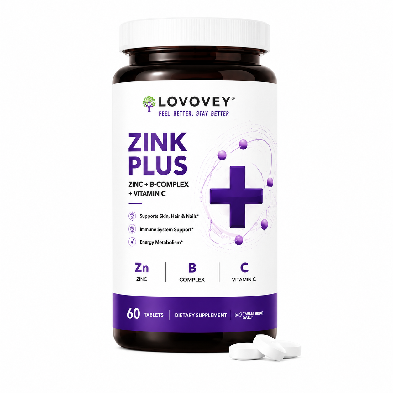 LOVOVEY Zink Plus | Zinc, B-Complex & Vitamin C | Immune Support | 60 Tablets