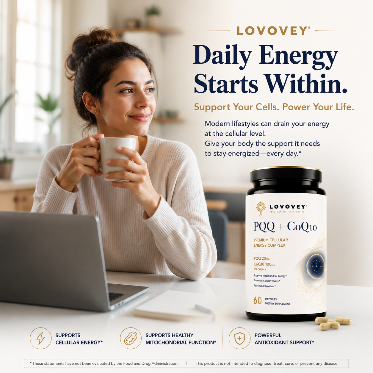 LOVOVEY PQQ + CoQ10 Supplement 200mg | Cellular Energy & Mitochondrial Support Complex | 60 Capsules