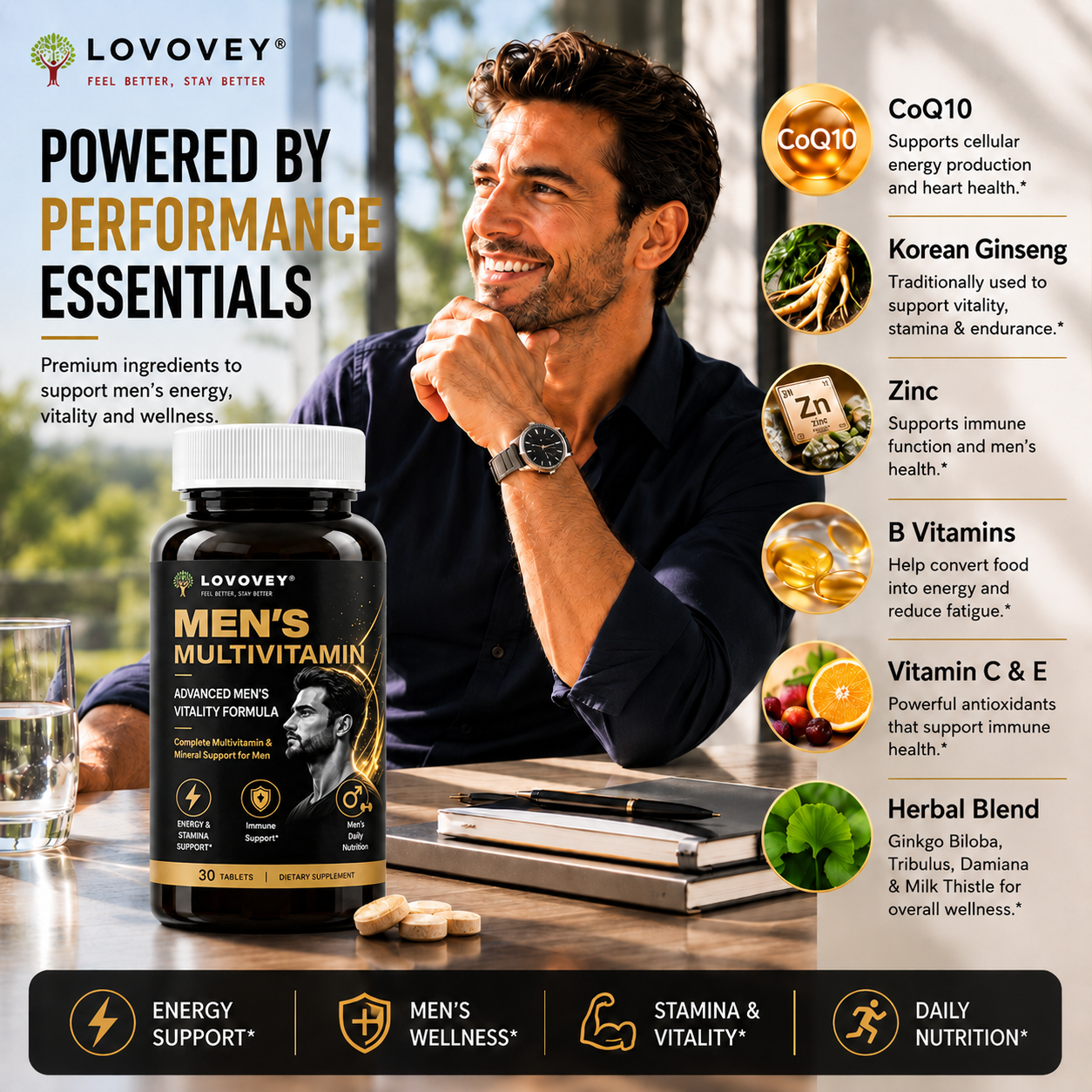 LOVOVEY Men's Multivitamin Ginseng & CoQ10 | Daily Energy & Wellness | 30 Tablets