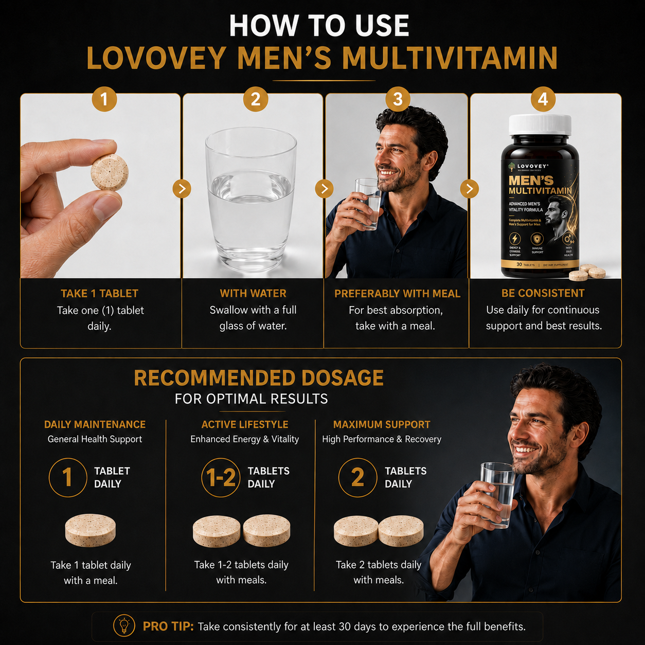 LOVOVEY Men's Multivitamin Ginseng & CoQ10 | Daily Energy & Wellness | 30 Tablets