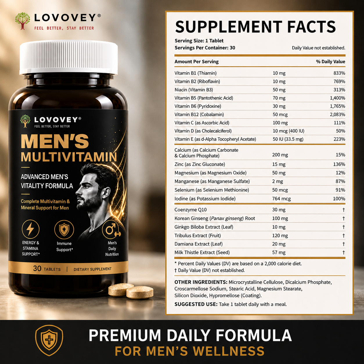 LOVOVEY Men's Multivitamin Ginseng & CoQ10 | Daily Energy & Wellness | 30 Tablets