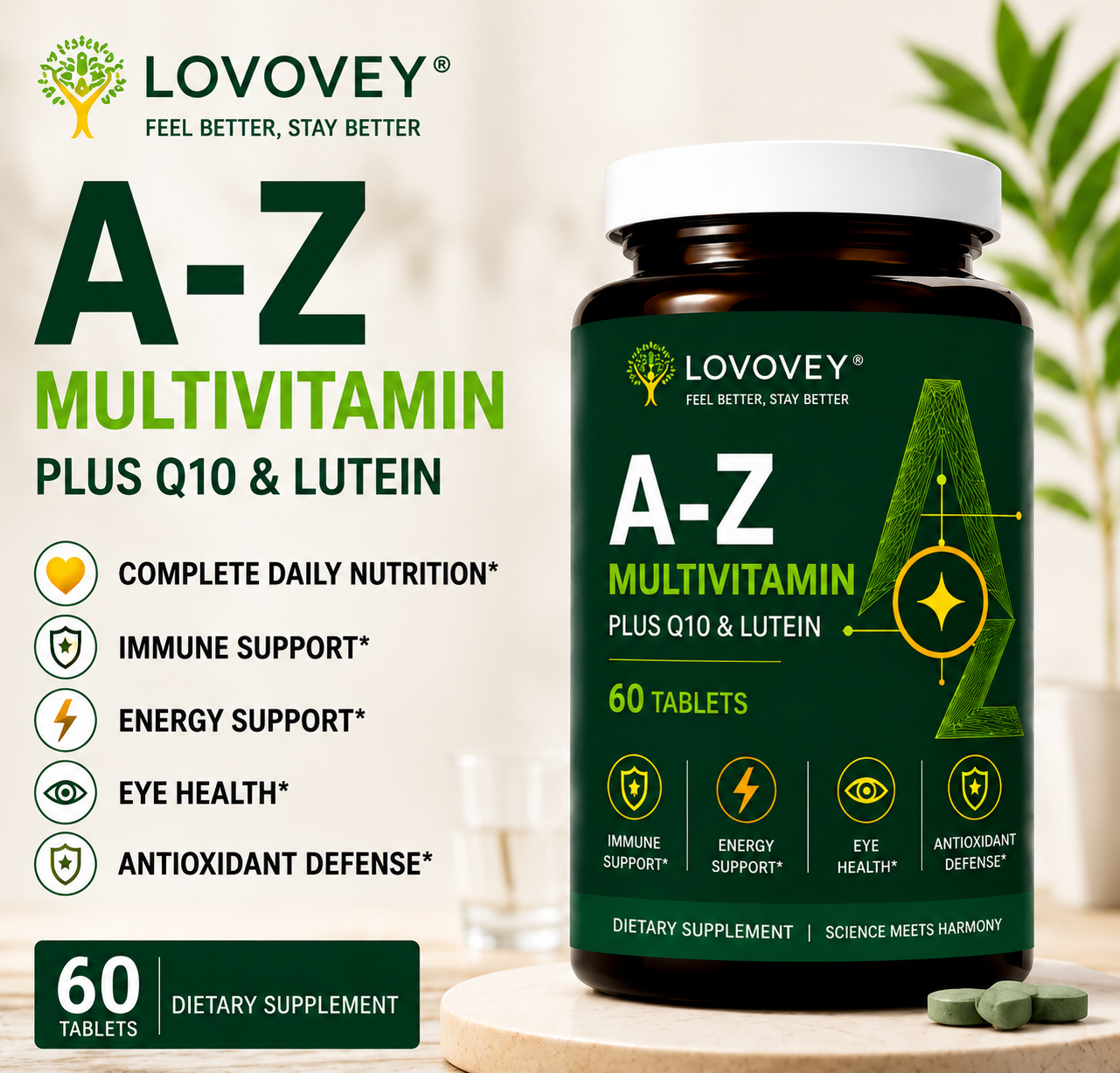 LOVOVEY A-Z Multivitamin with CoQ10 & Lutein | 60 Tablets
