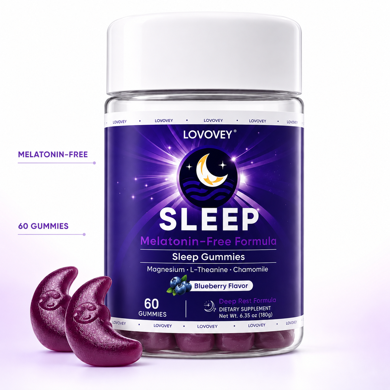 Melatonin-Free Sleep Gummies — Magnesium & L-Theanine | LOVOVEY Blueberry 60 Gummies